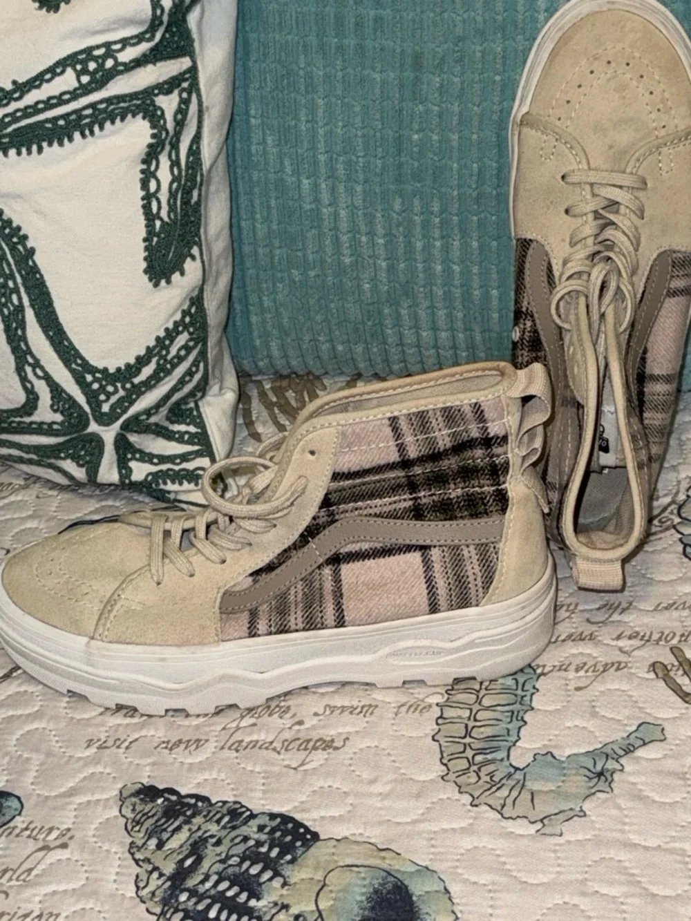 Vans Beige and Black Plaid Sk8-Hi Platform Sneakers